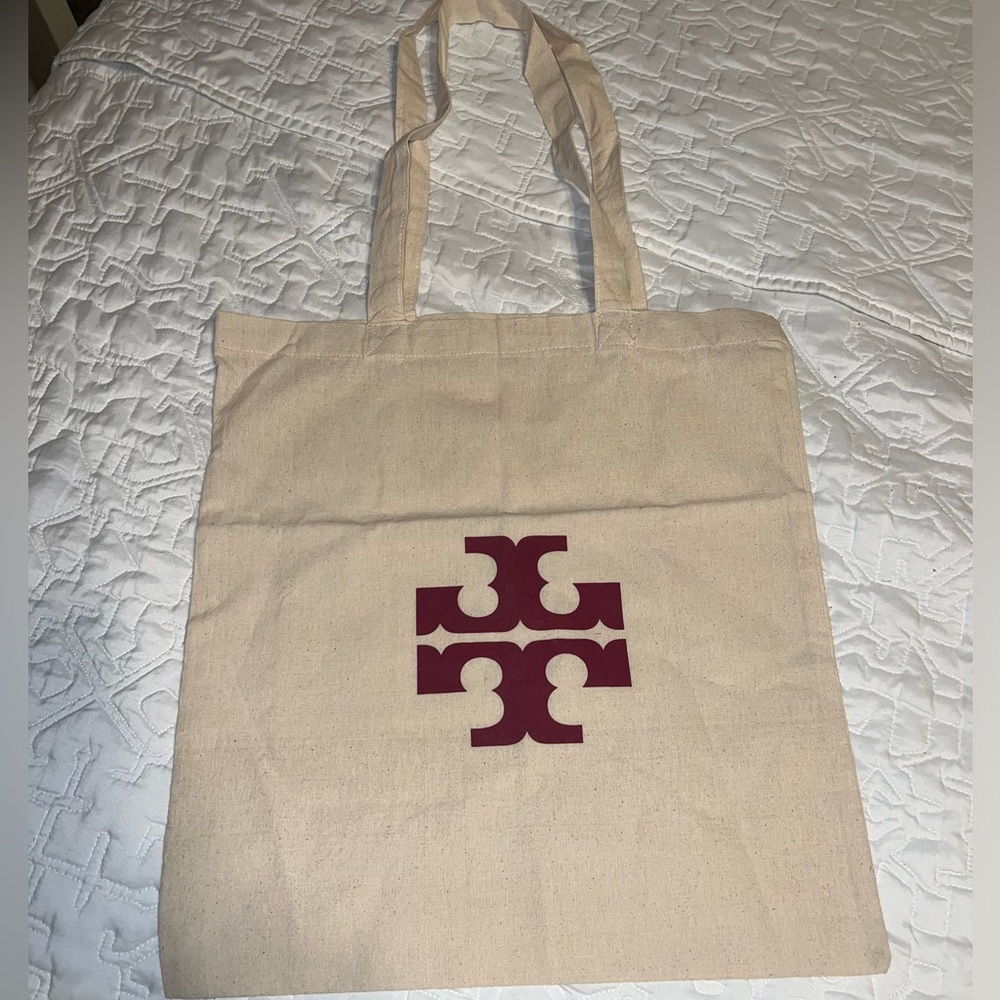 Tory Burch Beige Tote Bag with Burgundy Logo